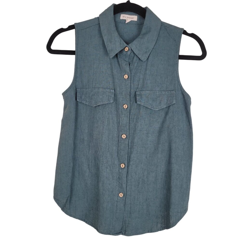 Lightweight Linen Blend Sleeveless Button Up Blouse women's small